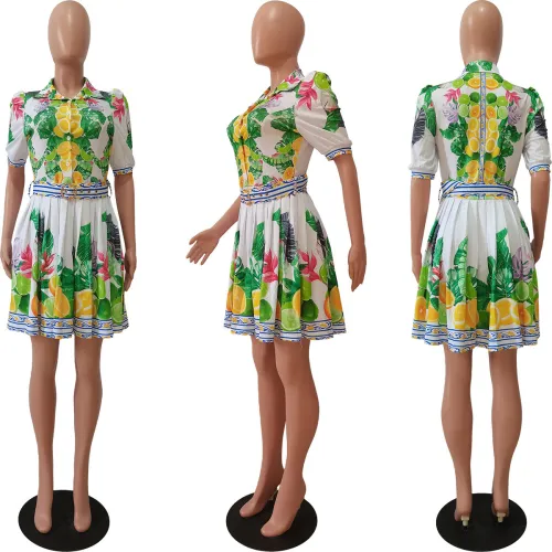 Spring Print Short Sleeve Pleated Dress