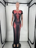Print Short Sleeve Bodycon Maxi Dress