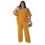 Off-Shoulder Ruffle Short-Sleeve Plus Size Wide Leg Jumpsuit