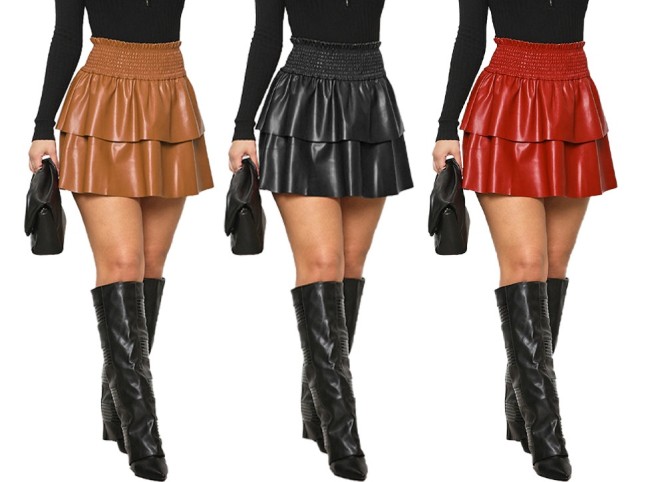 Ladies Fashion Sexy PU Leather Layered Skirt