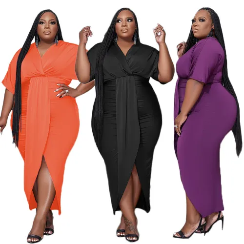 Plus Size Solid Short Sleeve Long Slit Irregular Dress