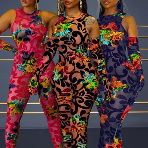 Sexy Printed Bodycon Sleeveless Jumpsuit With Gloves