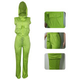 Solid Zipper Hooded Sleeveless Top + Pockets Pants 2pcs Set