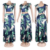 Sexy Leaf Print Ruffle Crop Top and Long Skirt 2-Piece Set