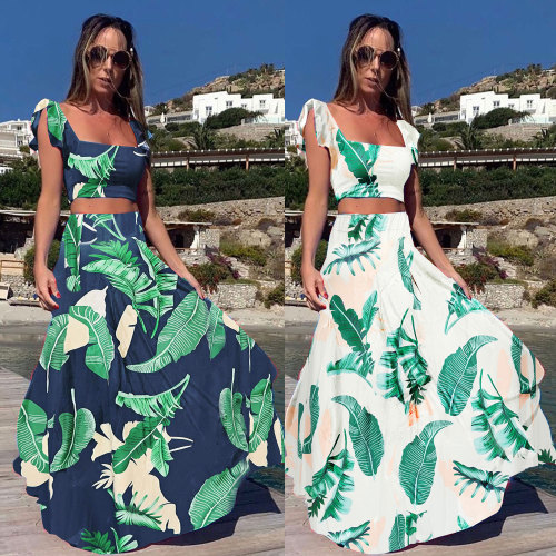 Sexy Leaf Print Ruffle Crop Top and Long Skirt 2-Piece Set