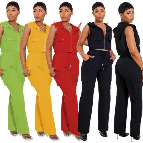 Solid Zipper Hooded Sleeveless Top + Pockets Pants 2pcs Set