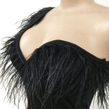 Solid One Shoulder Sleeveless Feather Trim Irregular Club Dress