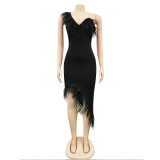 Solid One Shoulder Sleeveless Feather Trim Irregular Club Dress