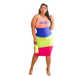 Plus Size Color Block Print Letter Sleeveless Bodycon Dress