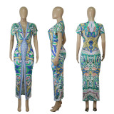 Ethnic Print Slit Short Sleeve Ruched Long Dress