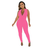 Sports Ribbed Sleeveless Tight Zip Up Jumpsuit