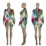 Sexy V-Neck Multi-Color Print Tie Waist Rompers