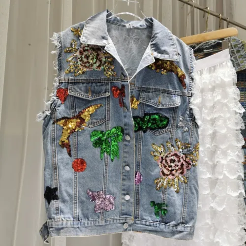 Sequin Applique Stree Style Denim Vest