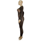 Square Neck Print Long Sleeve See Through Mesh Bodycon Jumpsuit