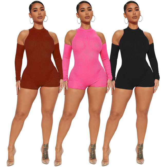 Sexy Ribbed Cold Shoulder Tight Rompers