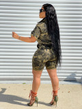 Camouflage Print Zipper Up Short Sleeve Jumpsuit with Pocket