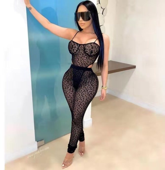 BLeopard Black Print Sexy Cami Bodysuit & Pants 2PCS Set