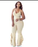 Scoop Neck Sleeveless Solid Ruffle Trim Sexy Jumpsuit