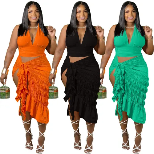 Stylish Sexy Solid Halter Crop Tops + Ruched Tie Skirt 2PCS Set