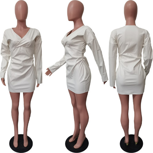 Ladies White Stretch PU Leather V-Neck Mini Bodycon Dress