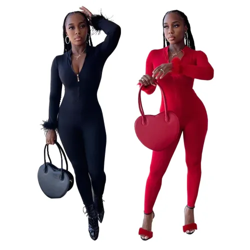 Fur Cuff Solid Long Sleeve Zip Up Tight Jumpsuit