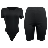 Sexy Casual Plain Short Sleeve Bodysuit Top and Shorts 2PCS Set