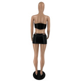 Sexy PU Leather Club 2PCS Set Strapless Crop Top Mini Skirt Set