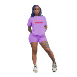 Plus Size Letter Print Causal Sports Two Piece Shorts Set