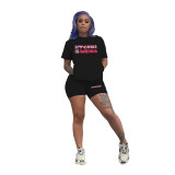 Plus Size Letter Print Causal Sports Two Piece Shorts Set