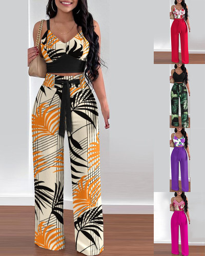 Fashion Print Sleeveless Crop Top and Pants 2PCS Set