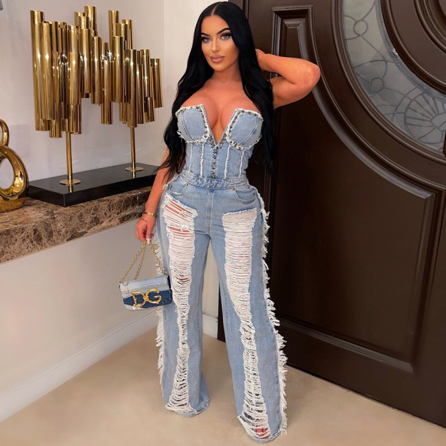 Tassel Studded Ripped Strapless Trendy Wash Denim Jumpsuit