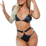 Black PU Leather Cutout Metal Chain Bra and Panty Lingerie Set