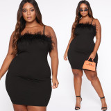Plus Size Black Sexy Fake Fur Trim Plus Size Cami Dress