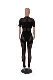 Sexy Mock Neck See-Through Mesh Patchwork Short Sleeve Tight Fit Jumpsuit