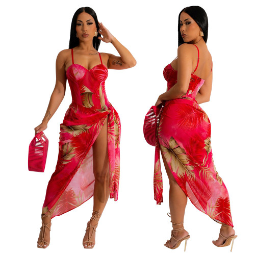 Sexy Red Printed Bodysuit+Tie Skirt Two-piece Set