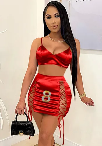 Sexy Number Print Sleeveless Crop Top Lace-Up Skirt 2PCS Set
