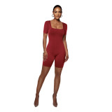 Solid Ladies Short Sleeve Square Neck Ribbed Rompers