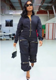 Solid Gathered Waist Zipper Pocket Long Sleeve Casual Cargo Jumpsuit