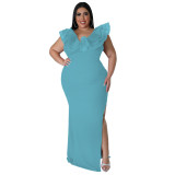 Solid Ruffles Slit Bodycon Maxi Party Dress