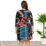 Plus Size Print V Neck Long Sleeve Wrapped Casual Dress