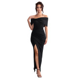 Bow Off Shoulder Ruched Slit Evening Dress