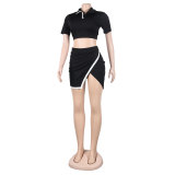 Sexy Turndown Collar Open Back Short Sleeve Top and Mini Slit Skirt 2PCS Set