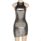 Metallic Shiny Halter Neck Backless Mini Bodycon Dress