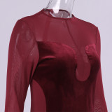 Sexy Burgundy Mesh Velvet Patchwork See Through Bodycon Dress