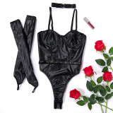 Black PU Leather Fishnet Patchwork Sexy Bodysuit Lingerie with Gloves