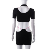Two Piece Short Sleeve U Neck Crop Top Cutout Slim Bodycon Skirt Set