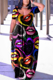 All Over Print Fashion Short Sleeve Plus Size Loose Maxi Dress