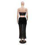 Sexy Sequin Irregular Tube Top with Slit Skirt Mesh Patchwork 2PCS Set