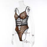 Sexy Leopard Print See-Through Mesh Sexy Hollow Teddies Lingerie Bodysuit