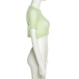 Sexy O-Neck Short Sleeve See-Through Slim Knitting Crop Top